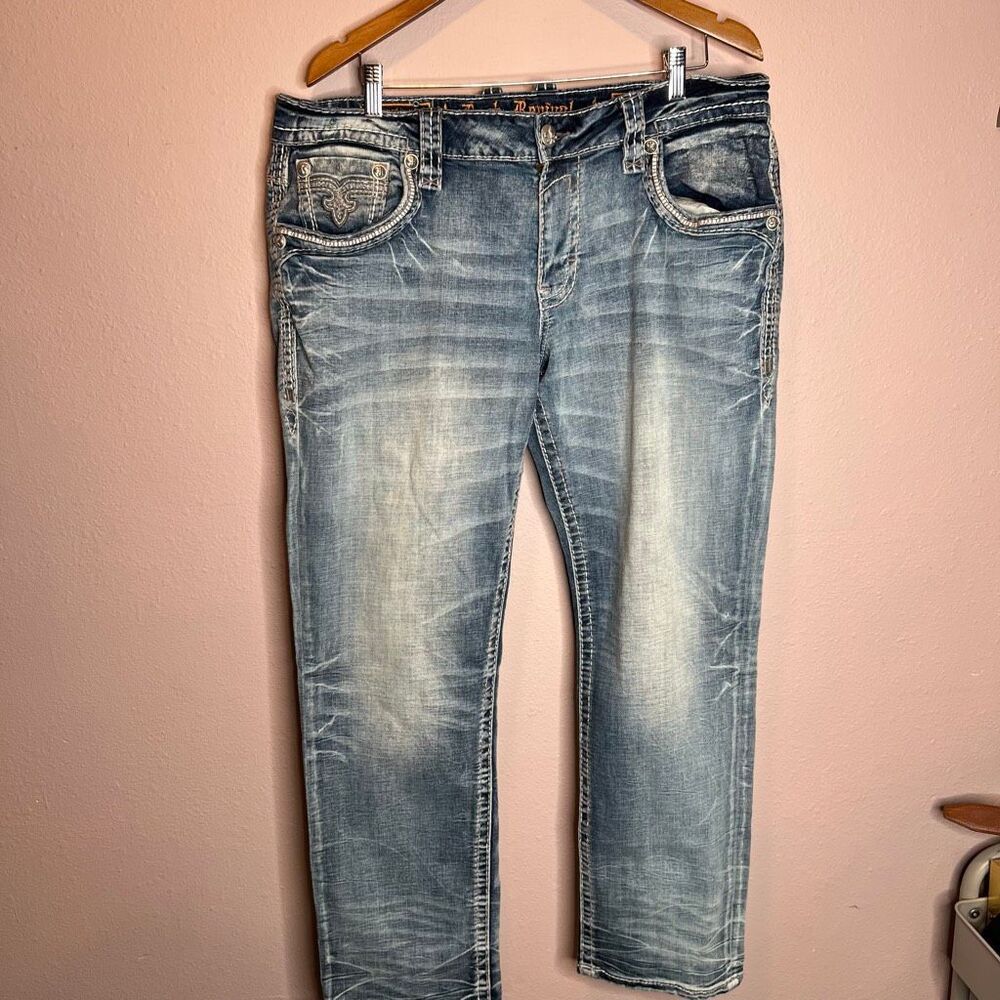 Rock Revival Flynn Slim Boot Denim Jeans Size 38X32 Blue relax taper